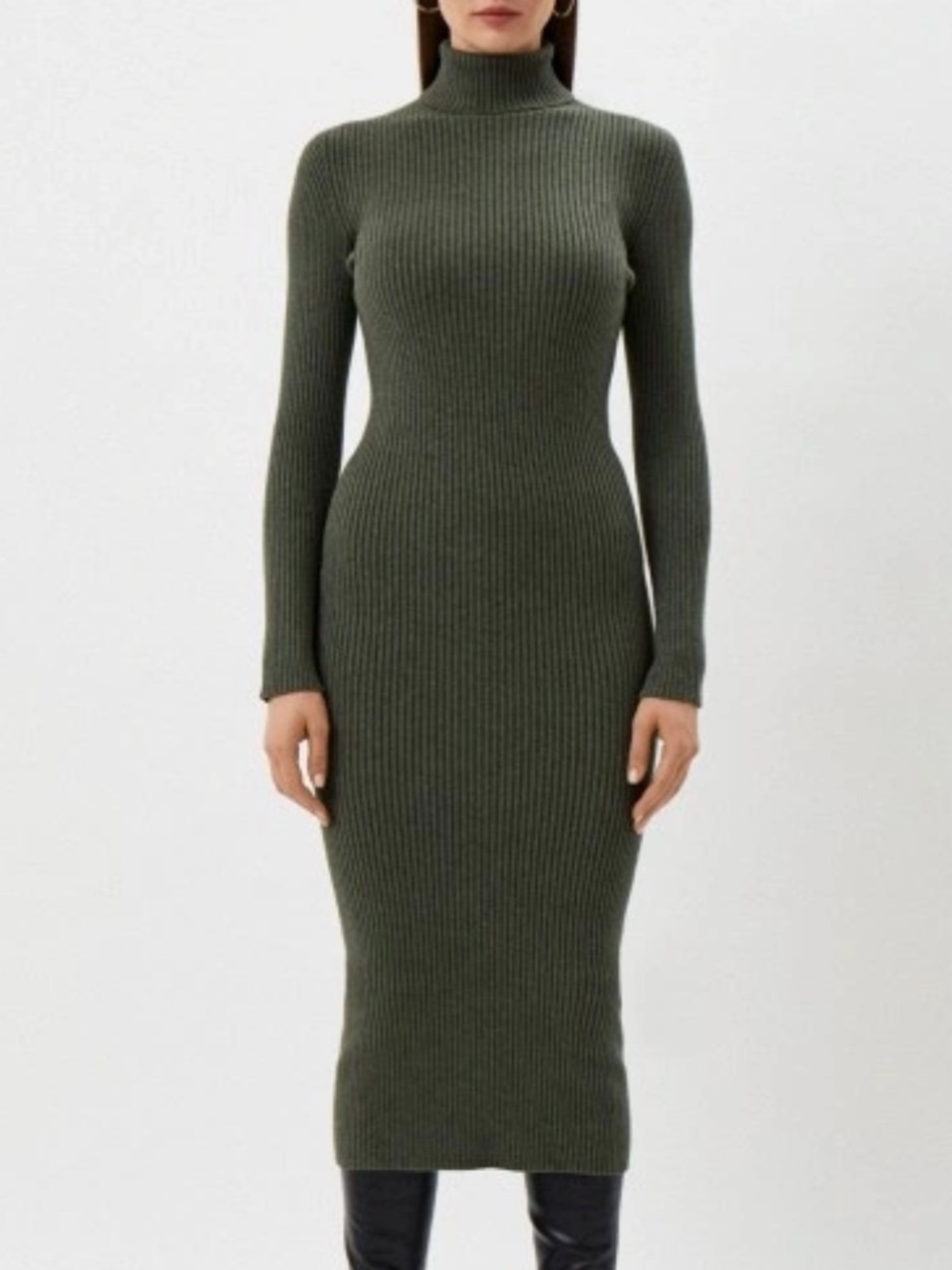 Pietro Brunelli Olive Ribbed Turtleneck Midi Dress